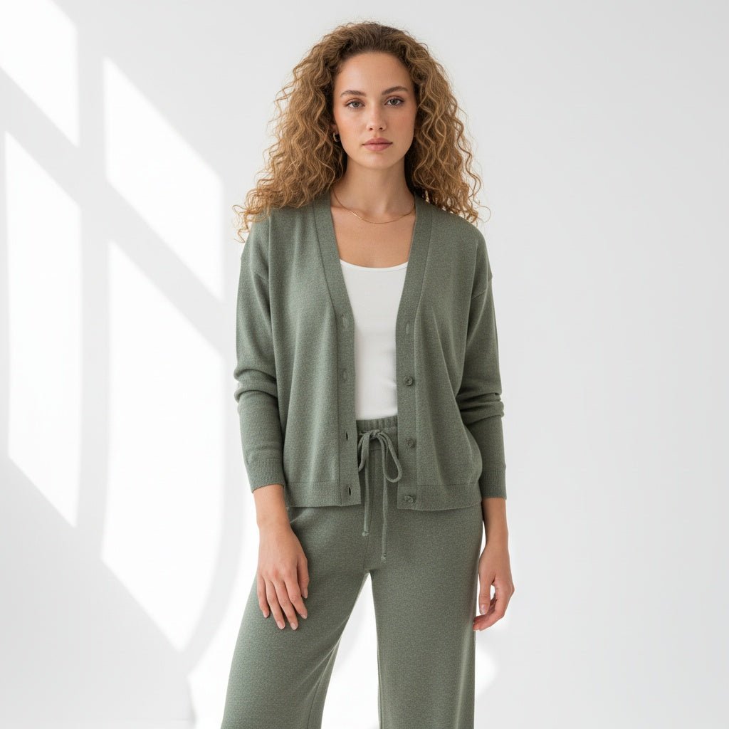 סט שני חלקים לנשים - ז'קט סרוג ומכנסיים עם כפתורים - Elora