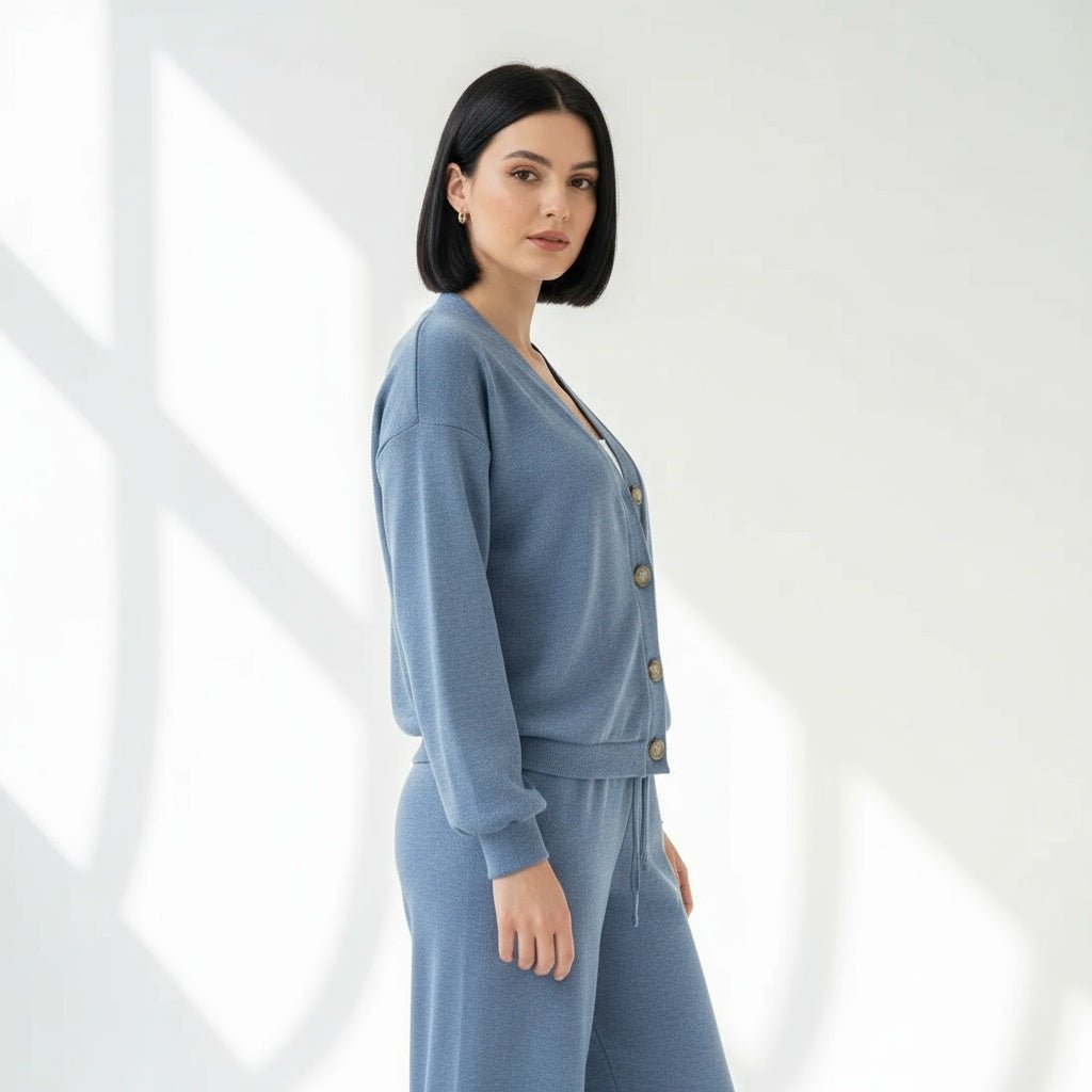 סט שני חלקים לנשים - ז'קט סרוג ומכנסיים עם כפתורים - Elora