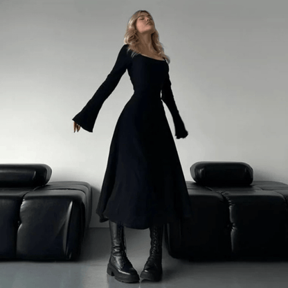 שמלה אלגנטית בגזרת A עם שרוולים ארוכים ומחשוף מרובע - Elora