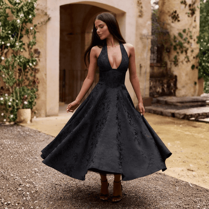 שמלה אלגנטית עם גב פתוח, מחשוף עמוק וקשירה - Elora