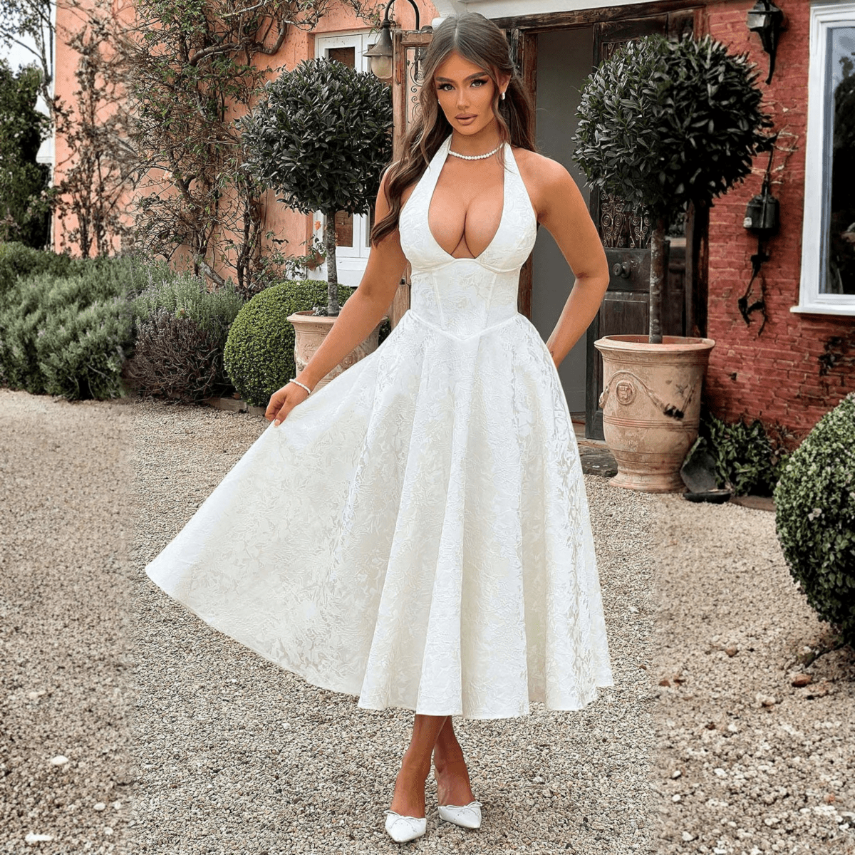 שמלה אלגנטית עם גב פתוח, מחשוף עמוק וקשירה - Elora