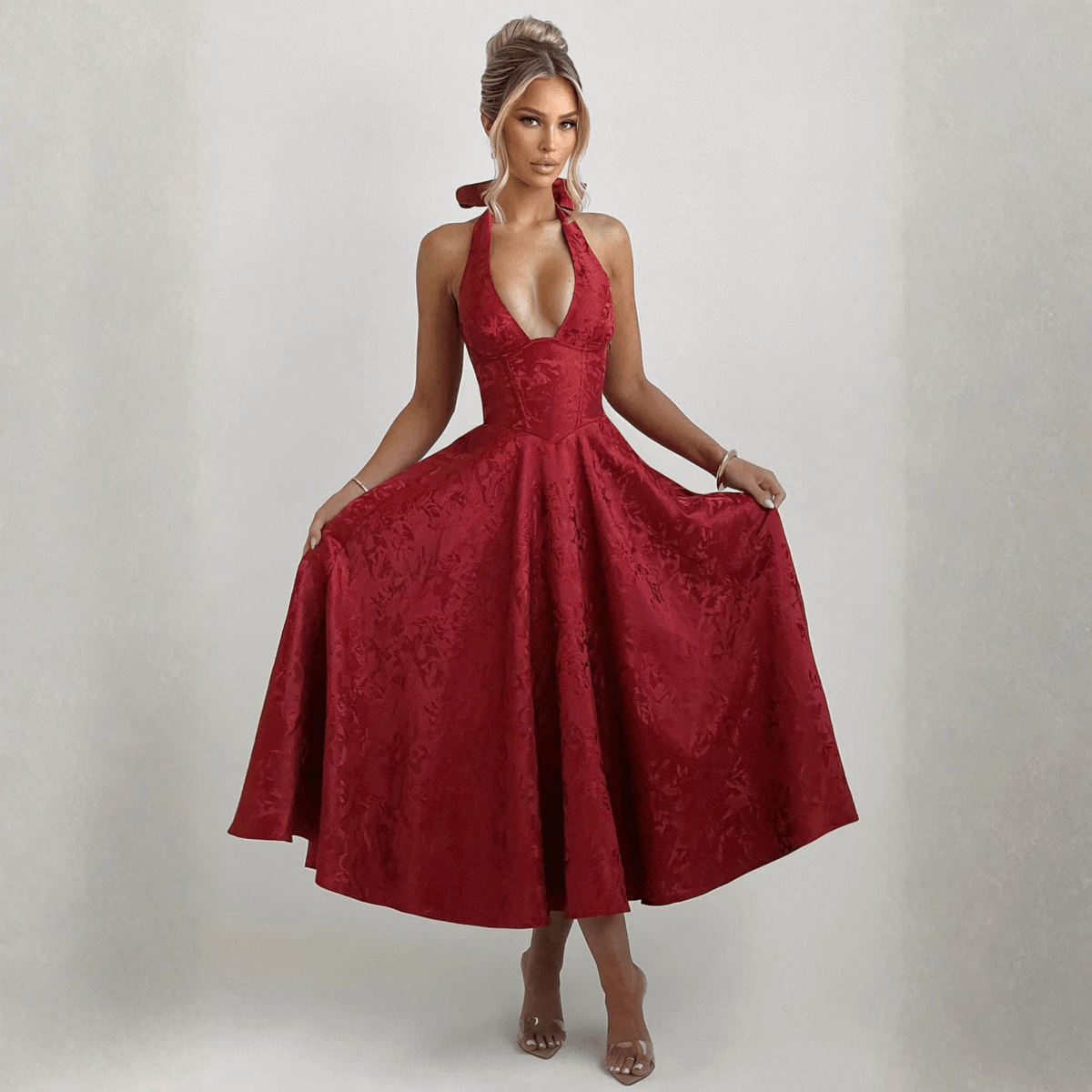 שמלה אלגנטית עם גב פתוח, מחשוף עמוק וקשירה - Elora