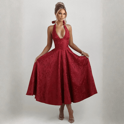 שמלה אלגנטית עם גב פתוח, מחשוף עמוק וקשירה - Elora