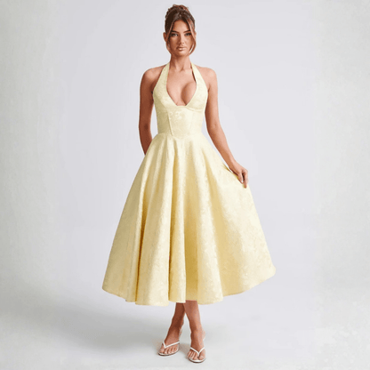 שמלה אלגנטית עם גב פתוח, מחשוף עמוק וקשירה - Elora