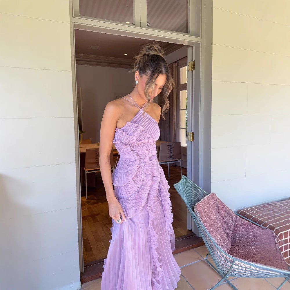 שמלה קיצית עם צווארון הולטר ועיצוב לוטוס אלגנטי - Elora