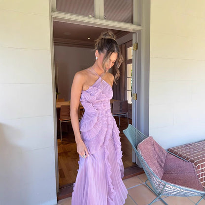 שמלה קיצית עם צווארון הולטר ועיצוב לוטוס אלגנטי - Elora