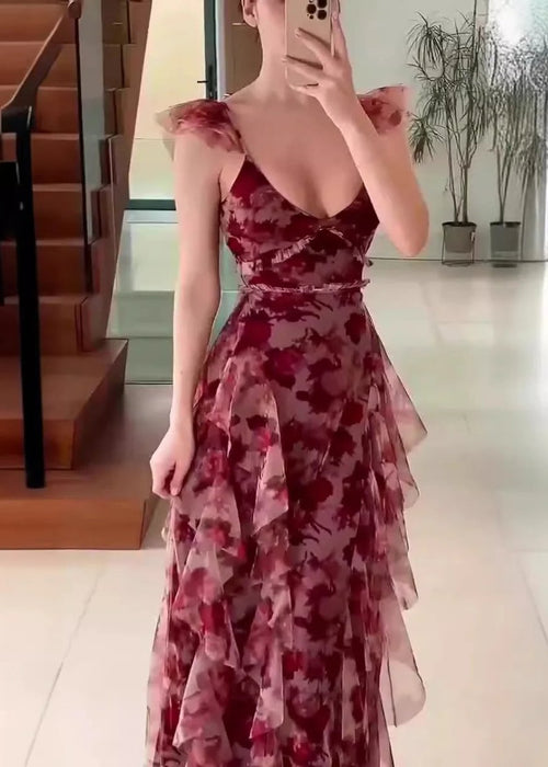 שמלת מקסי רומנטית עם שכבות תחרה והדפס פרחוני