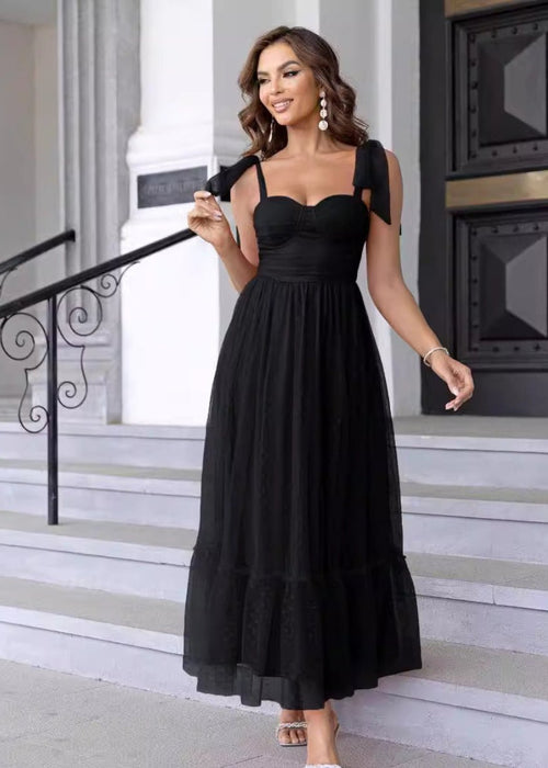 שמלת ערב וינטג' אלגנטית עם כתפיות קשירה ושוליים מעוטרים