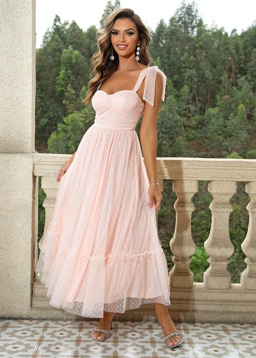 שמלת ערב וינטג' אלגנטית עם כתפיות קשירה ושוליים מעוטרים